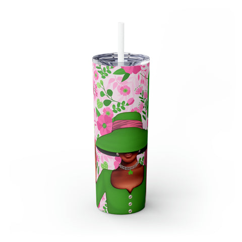 Big Hat & Pearls | Skinny Tumbler with Straw, 20oz | Pink and Green